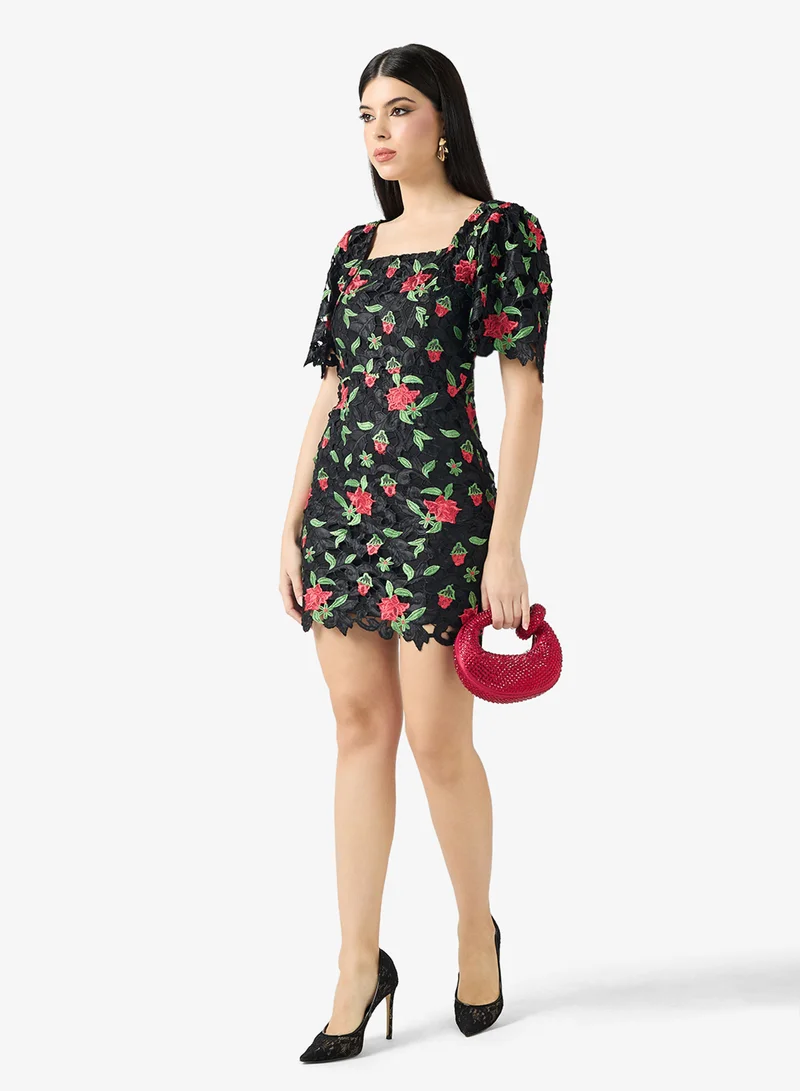 Just Me  Floral Embroidered Lace Square Neck Flared Sleeve Scalloped Hem Mini Dress for Women | Best Price UAE